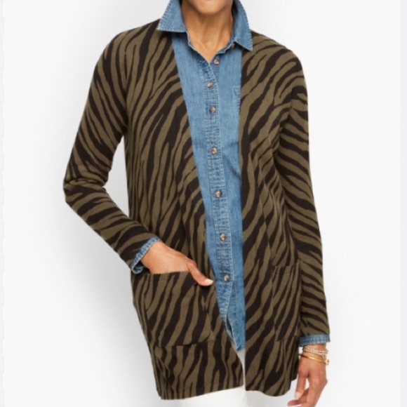 Talbots Zebra Print Open Front Cardigan Linen Cotton Blend Black Olive Green XL - Picture 1 of 15